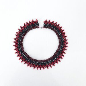 Handmade Women's Ukrainian Glass Beaded Fringe Choker Necklace Red Black